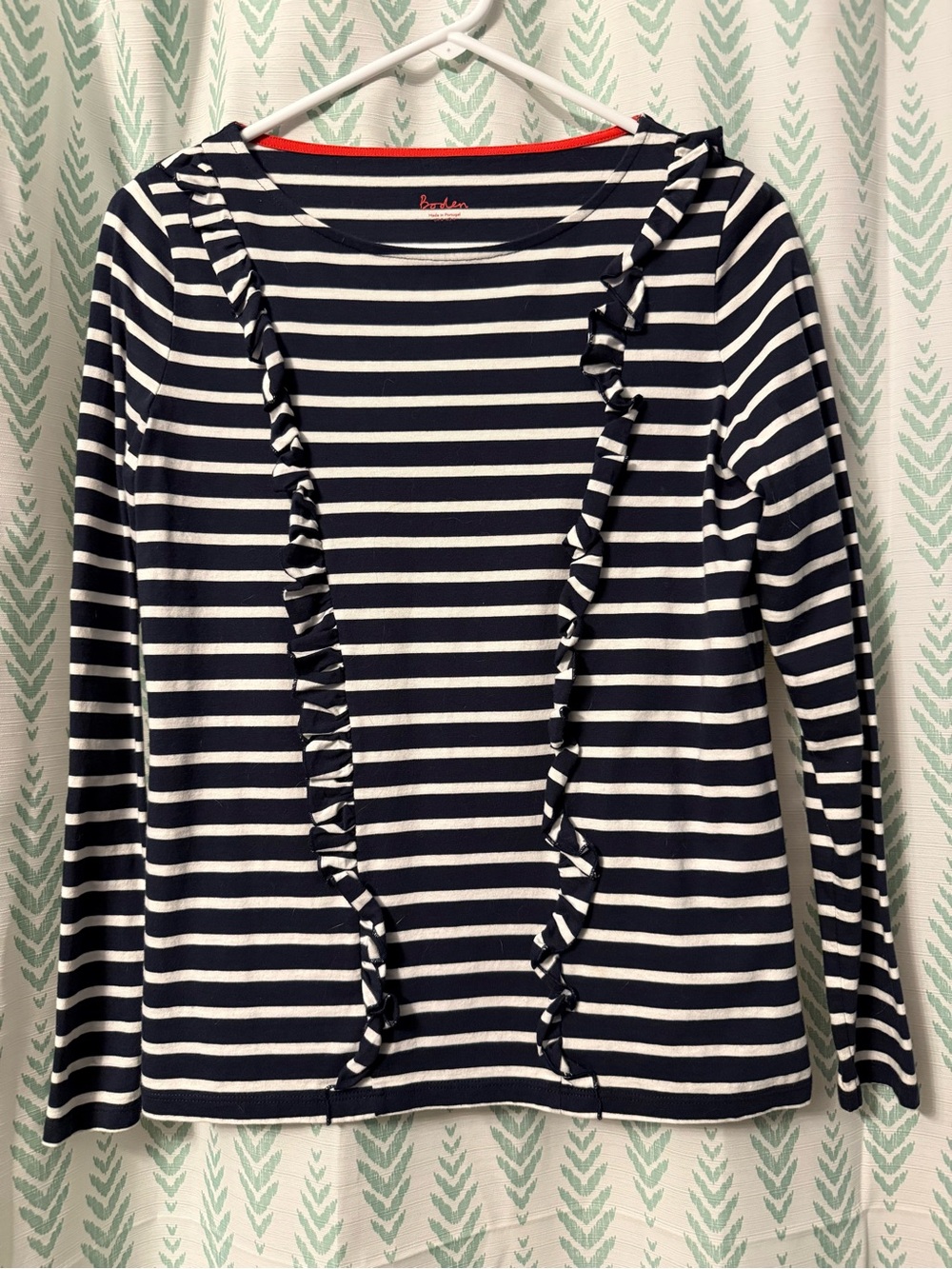 Boden Navy and White Striped Ruffle-Trim Long Sleeve Top
